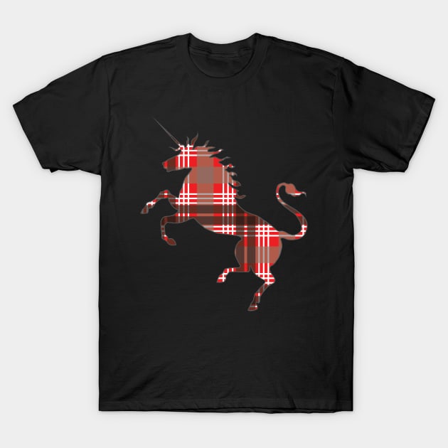 Scottish Red, Black and White Tartan Rearing Unicorn Silhouette T-Shirt by MacPean